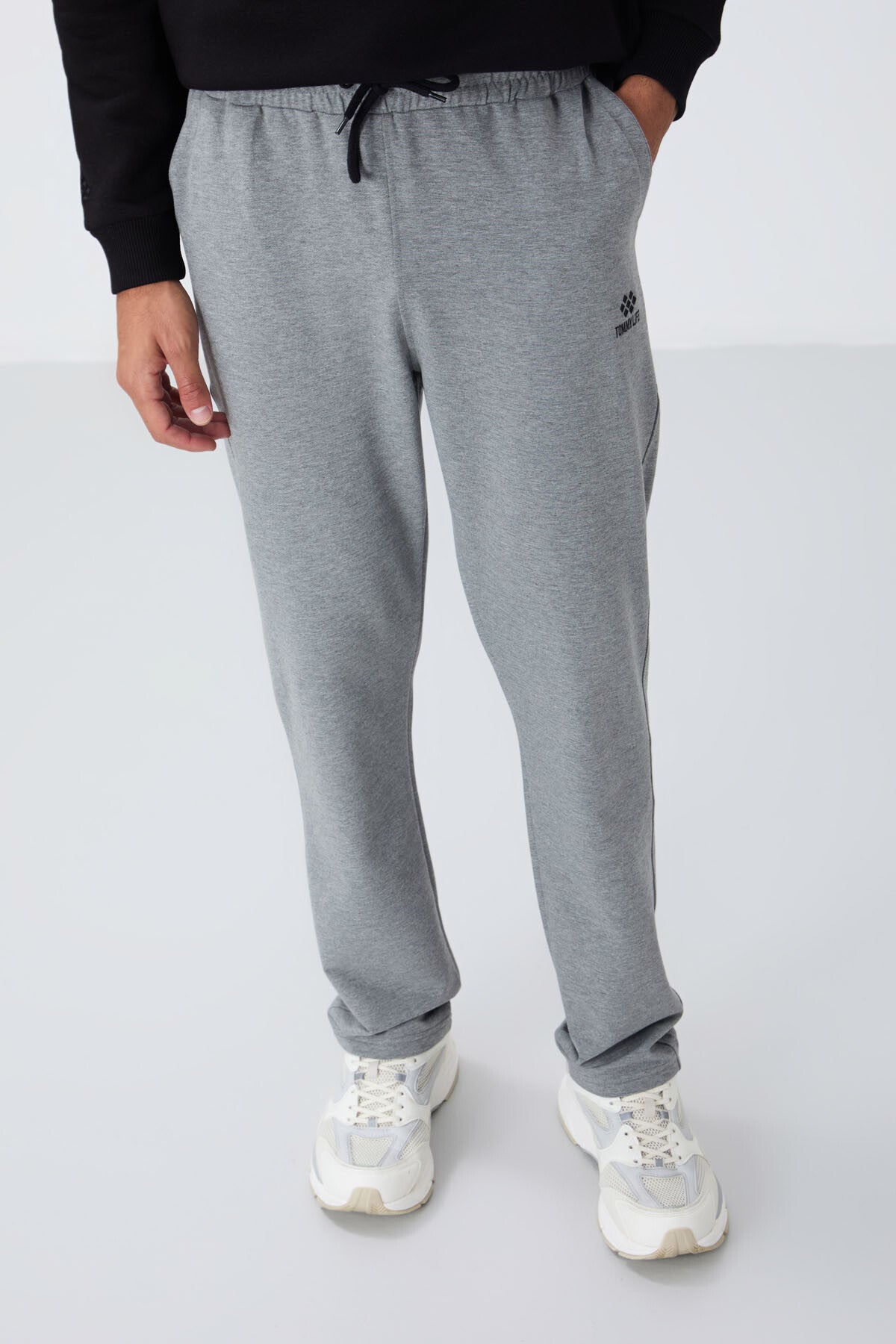 Grey Melange Laced Hem Standard Fit Classic Leg Men's Tracksuit Bottom - 84682