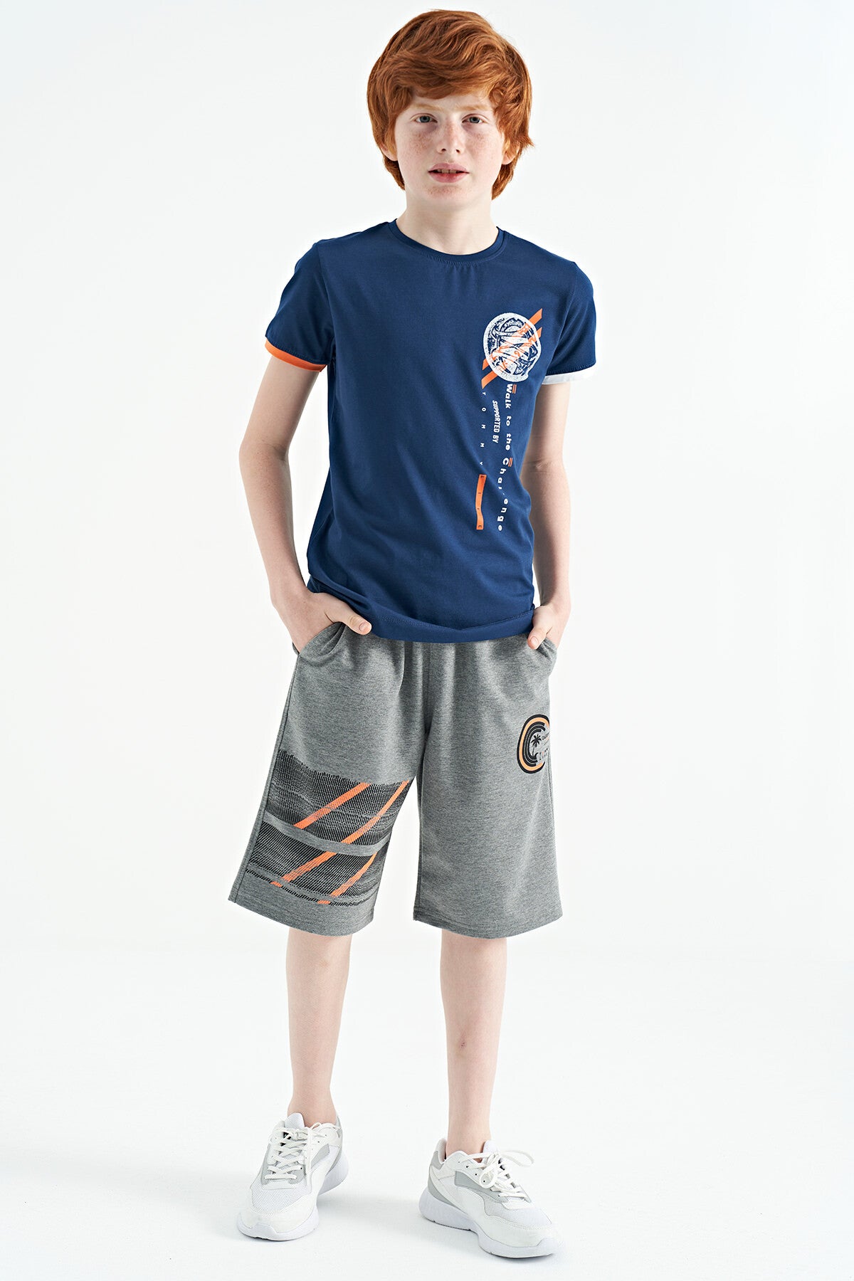 Gray Melange Print Detailed Laced Standard Fit Boys Shorts - 11125