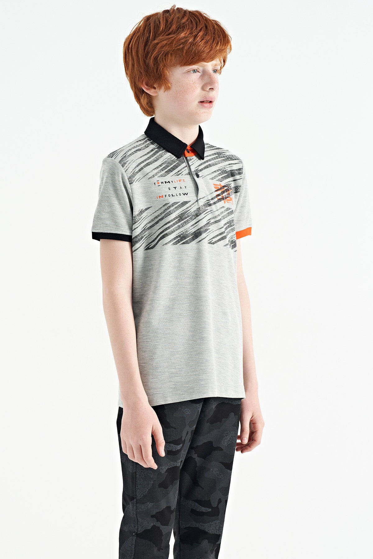 Grey Melange Print Detailed Polo Collar Standard Fit Boys' T-Shirt - 11161