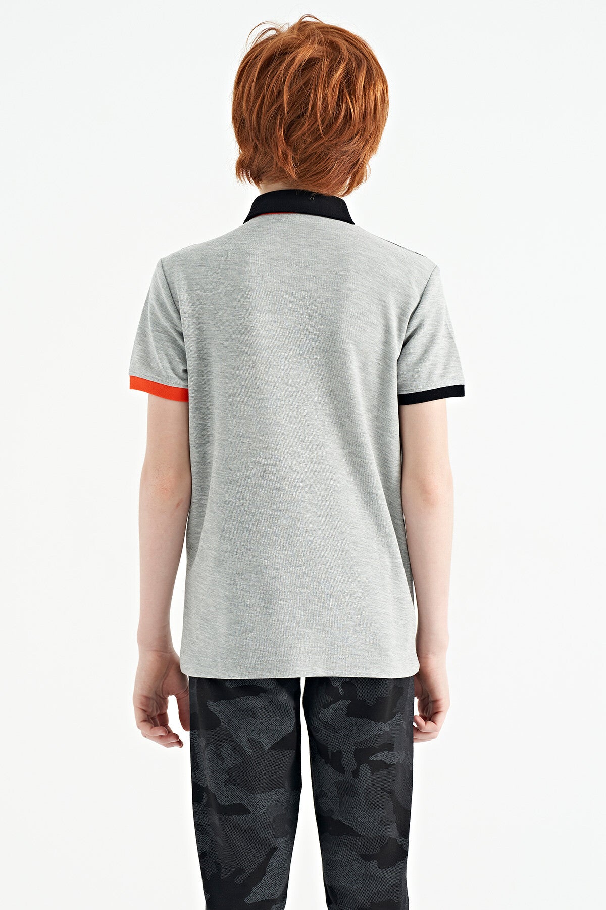 Grey Melange Print Detailed Polo Collar Standard Fit Boys' T-Shirt - 11161