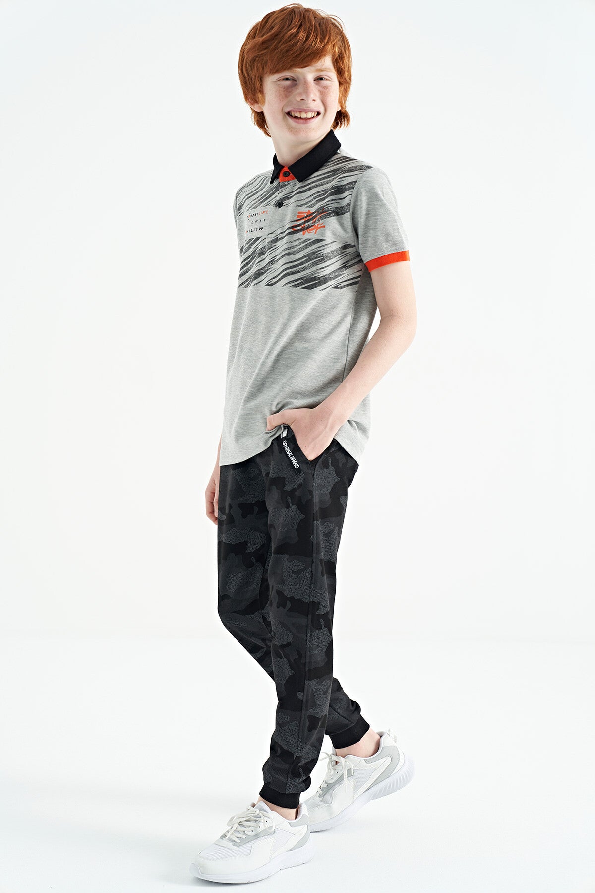 Grey Melange Print Detailed Polo Collar Standard Fit Boys' T-Shirt - 11161