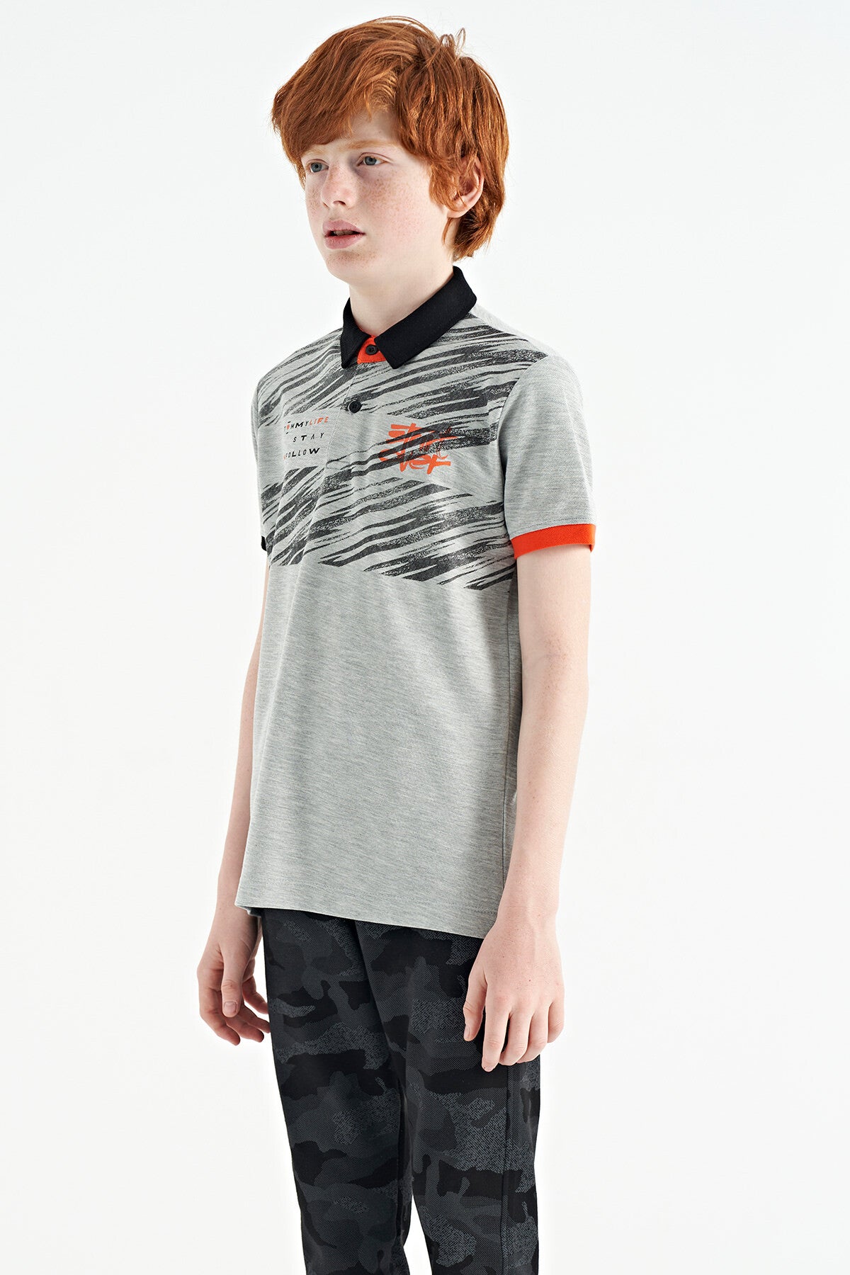 Grey Melange Print Detailed Polo Collar Standard Fit Boys' T-Shirt - 11161