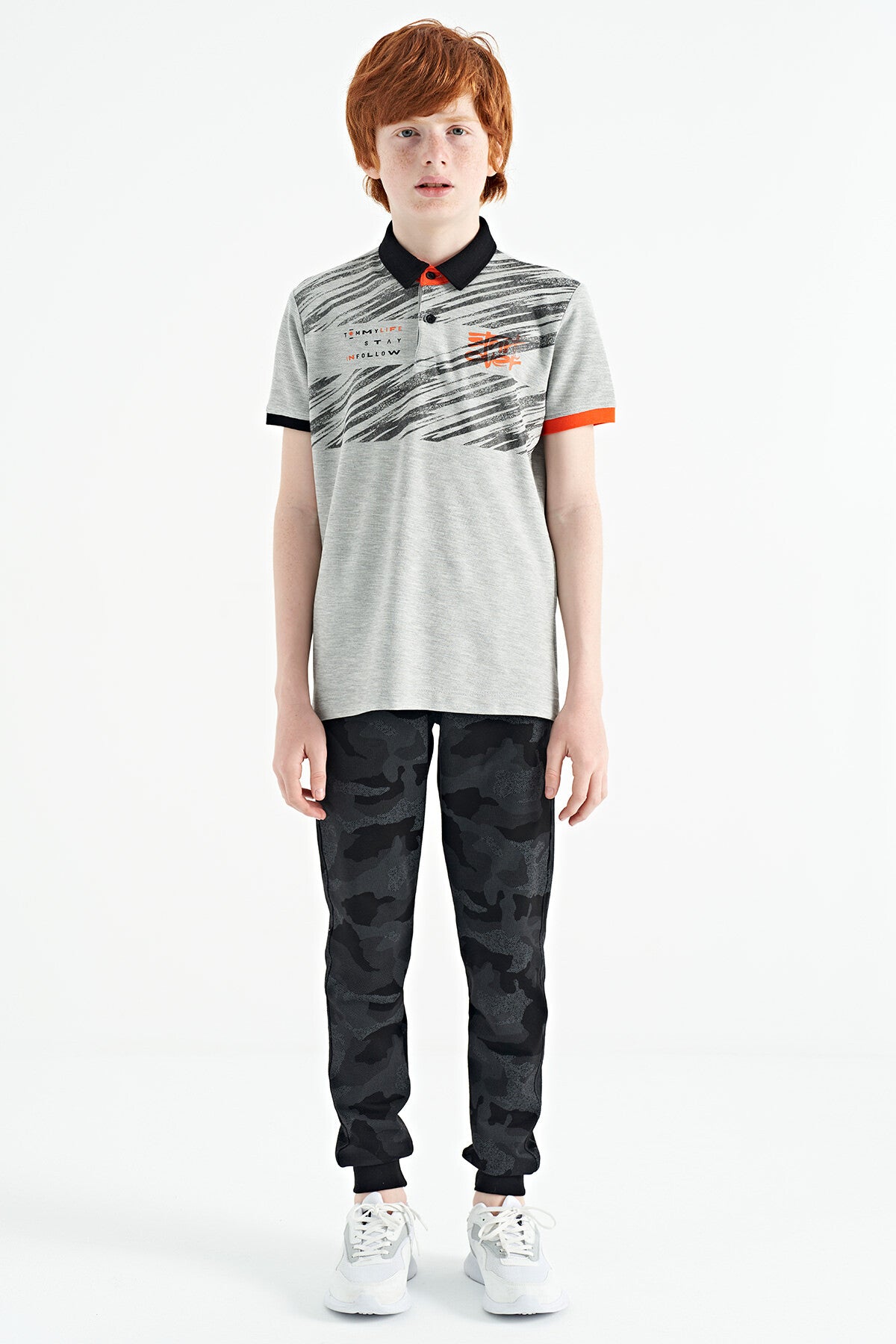 Grey Melange Print Detailed Polo Collar Standard Fit Boys' T-Shirt - 11161