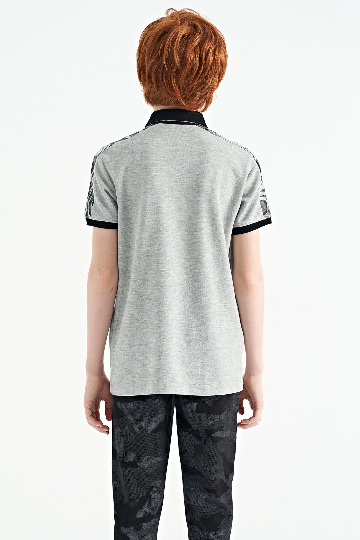 Grey Melange Print Detailed Polo Collar Standard Fit Boys T-Shirt - 11166