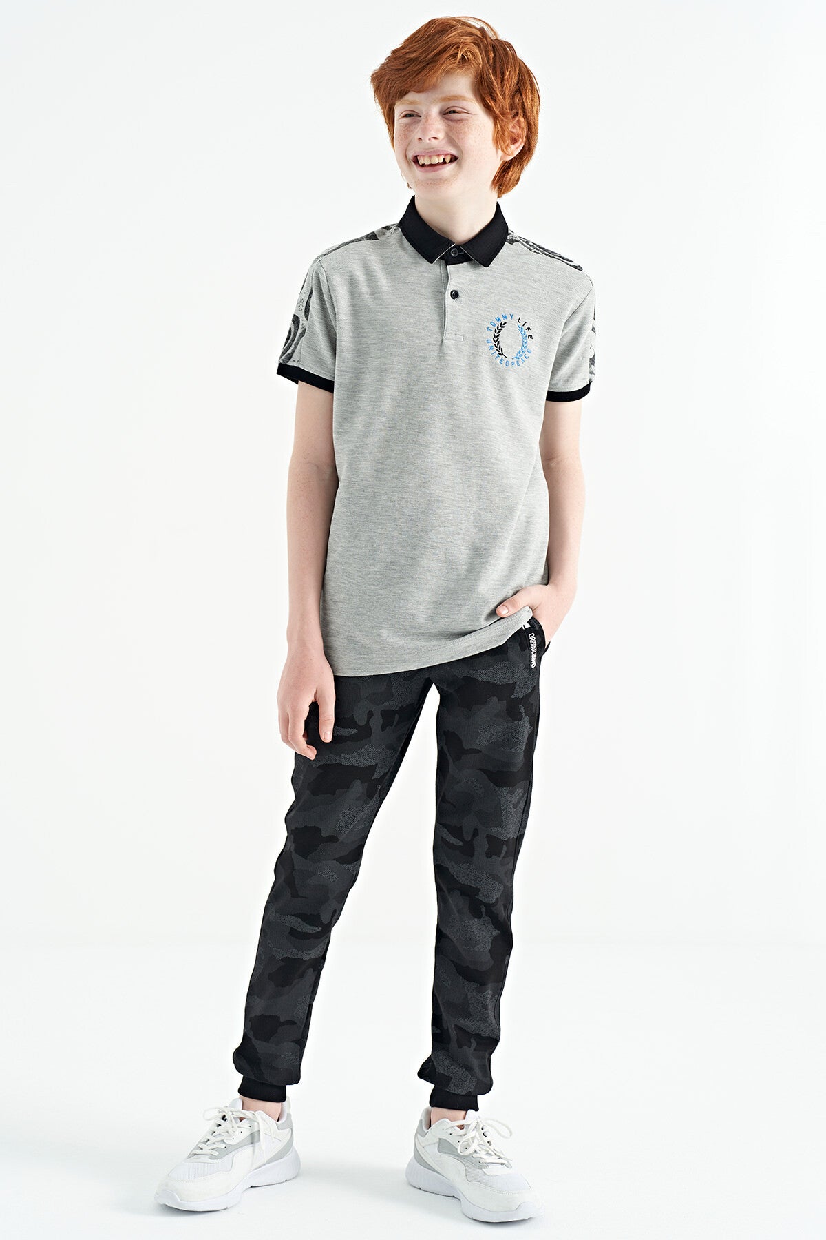 Grey Melange Print Detailed Polo Collar Standard Fit Boys T-Shirt - 11166