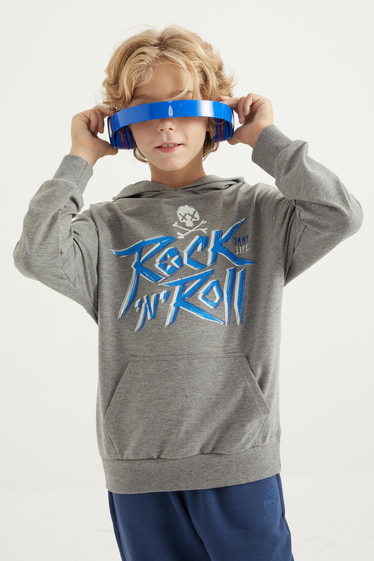 Grey Melange Print Kangaroo Pocket Hooded Regular Fit Boys' Sweatshirt - 11002