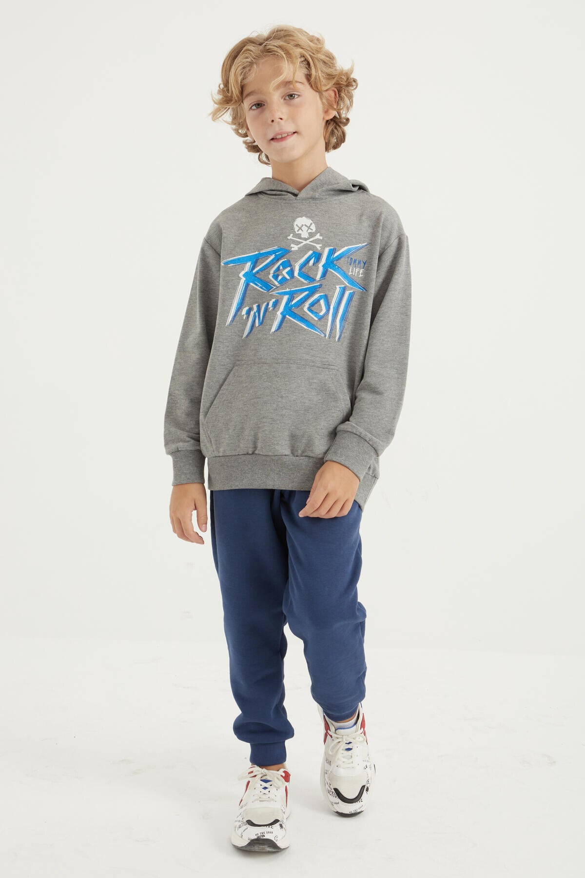Grey Melange Print Kangaroo Pocket Hooded Regular Fit Boys' Sweatshirt - 11002
