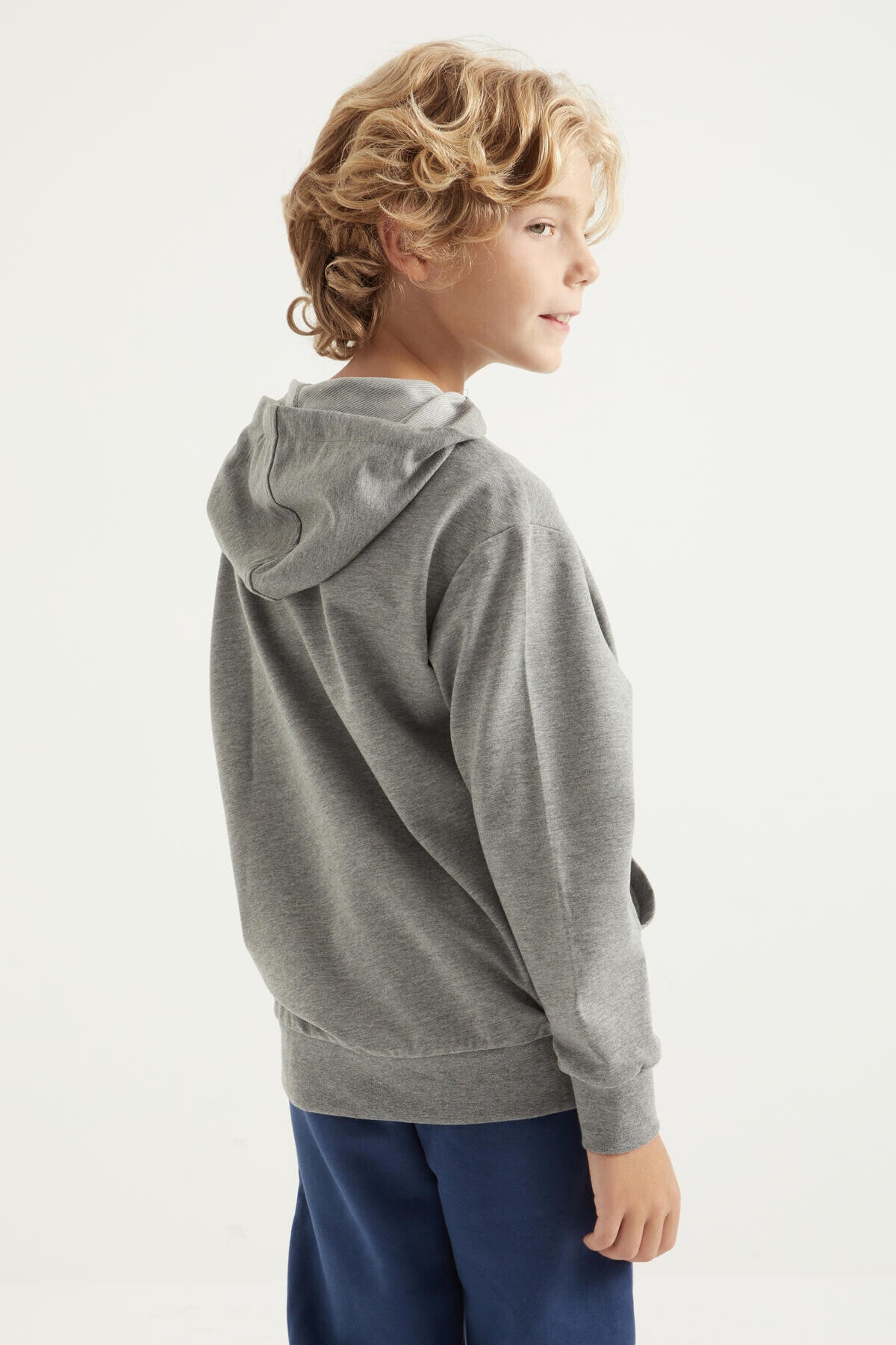 Grey Melange Print Kangaroo Pocket Hooded Regular Fit Boys' Sweatshirt - 11002