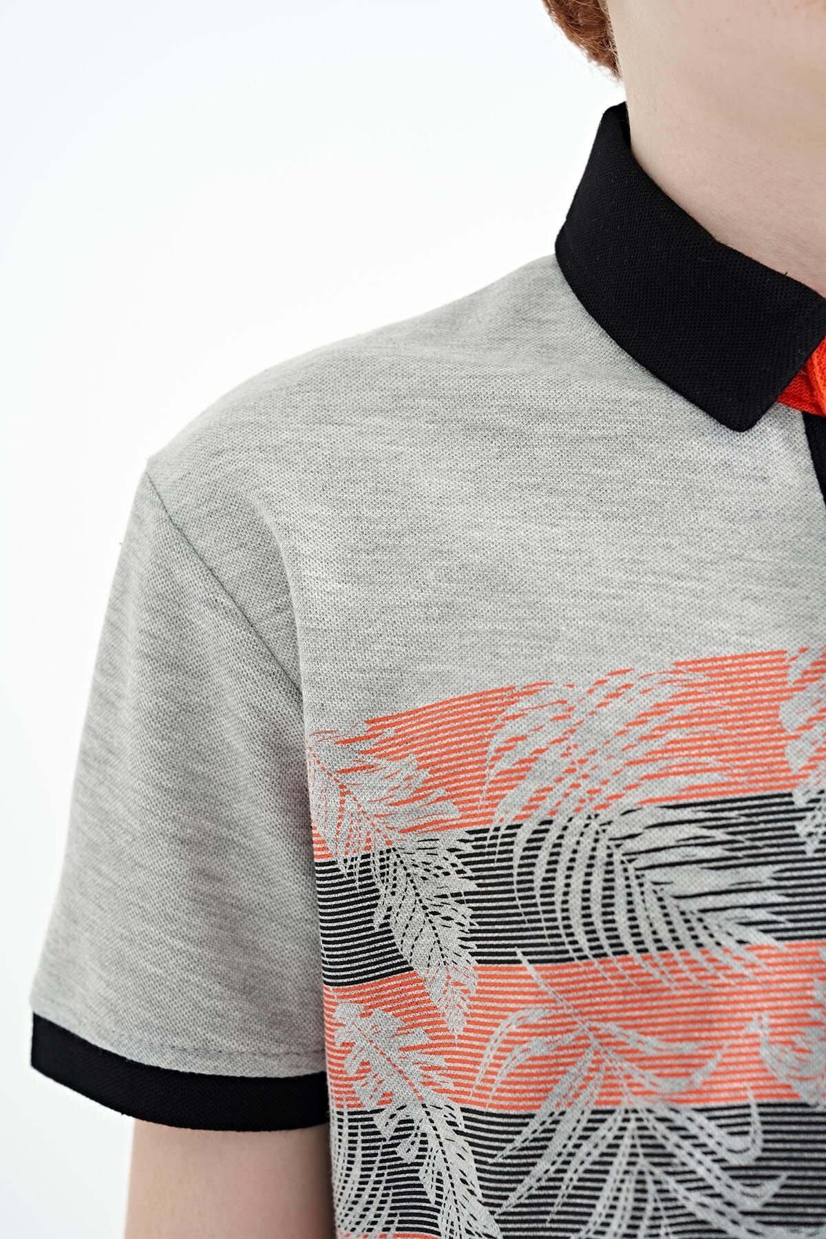 Grey Melange Print Detailed Standard Fit Polo Collar Boys' T-Shirt - 11101