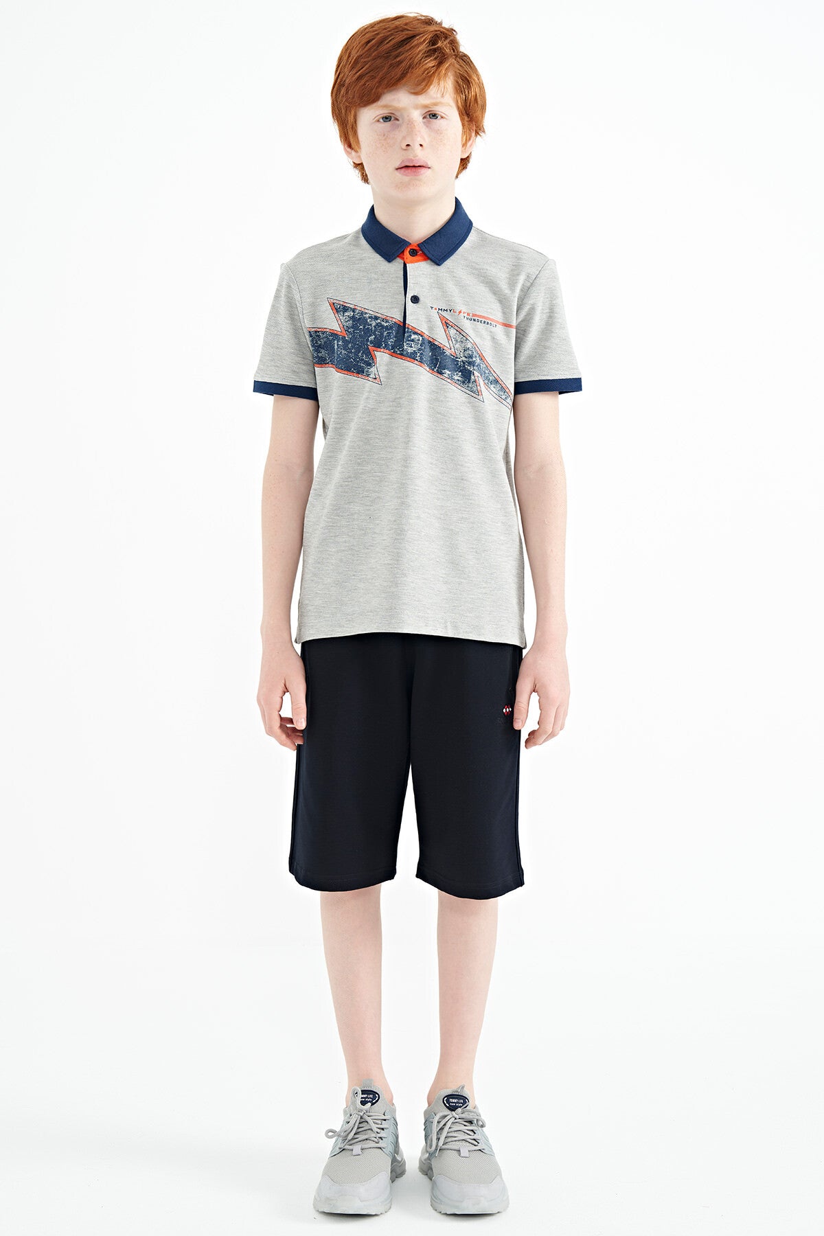 Grey Melange Print Detailed Standard Mold Polo Collar Boys T-Shirt - 11154
