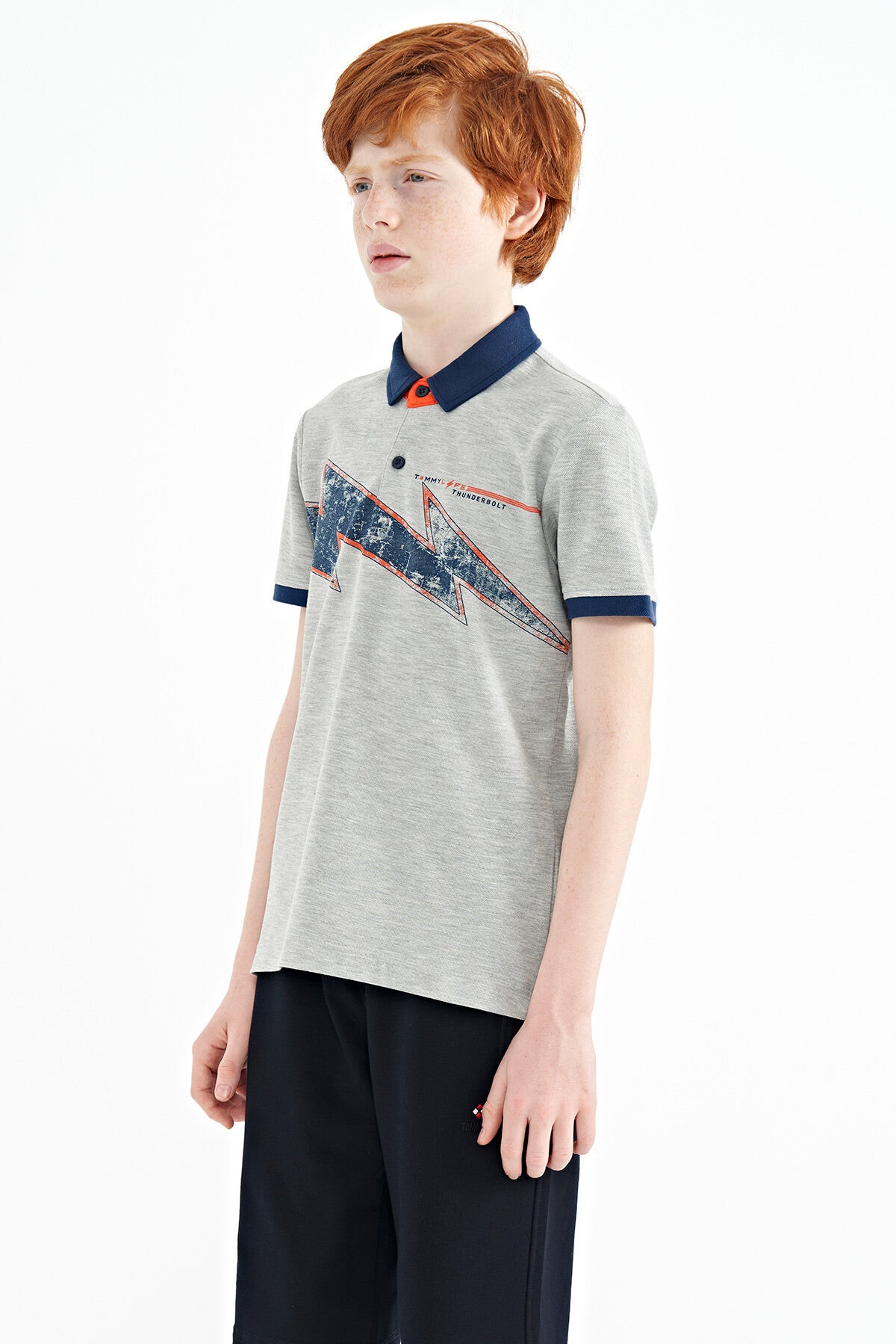 Grey Melange Print Detailed Standard Mold Polo Collar Boys T-Shirt - 11154