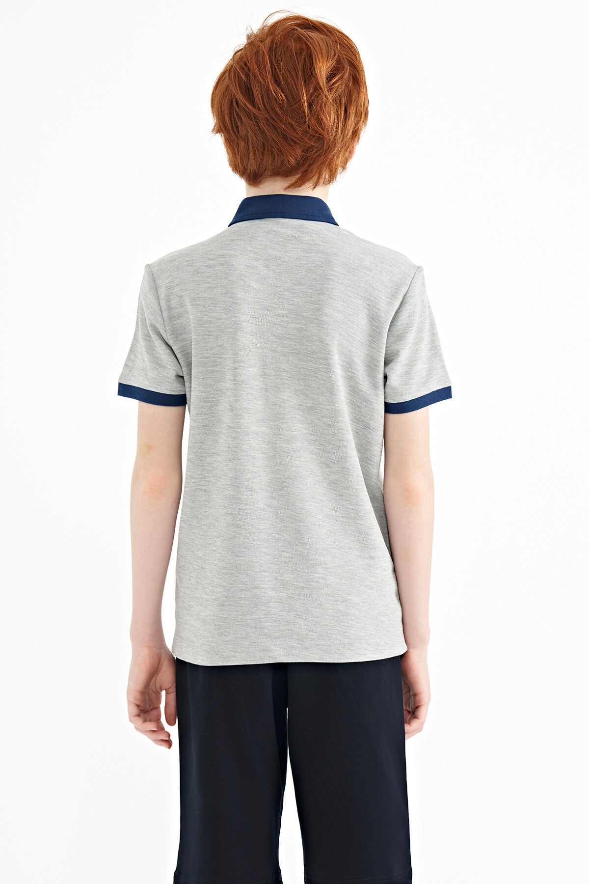 Grey Melange Print Detailed Standard Mold Polo Collar Boys T-Shirt - 11154