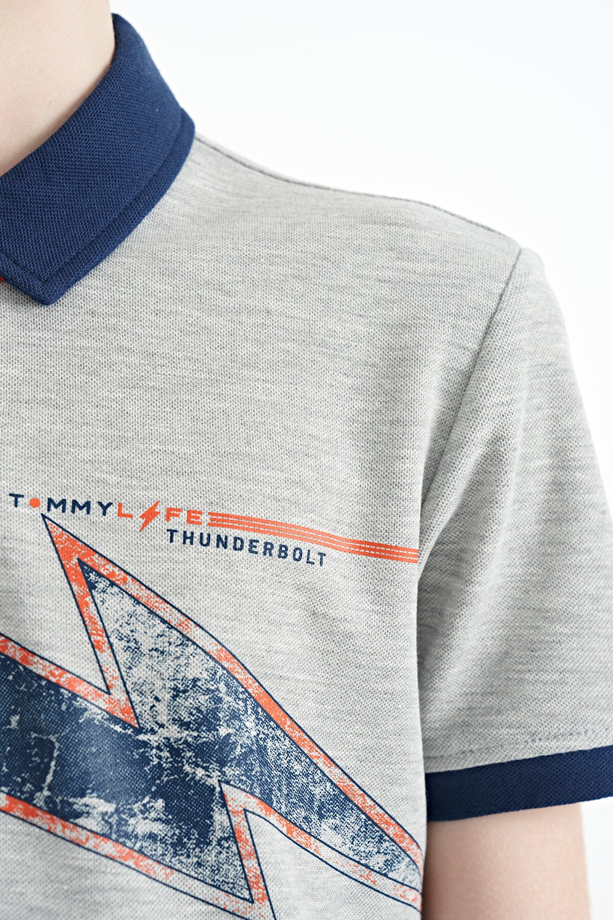 Grey Melange Print Detailed Standard Mold Polo Collar Boys T-Shirt - 11154