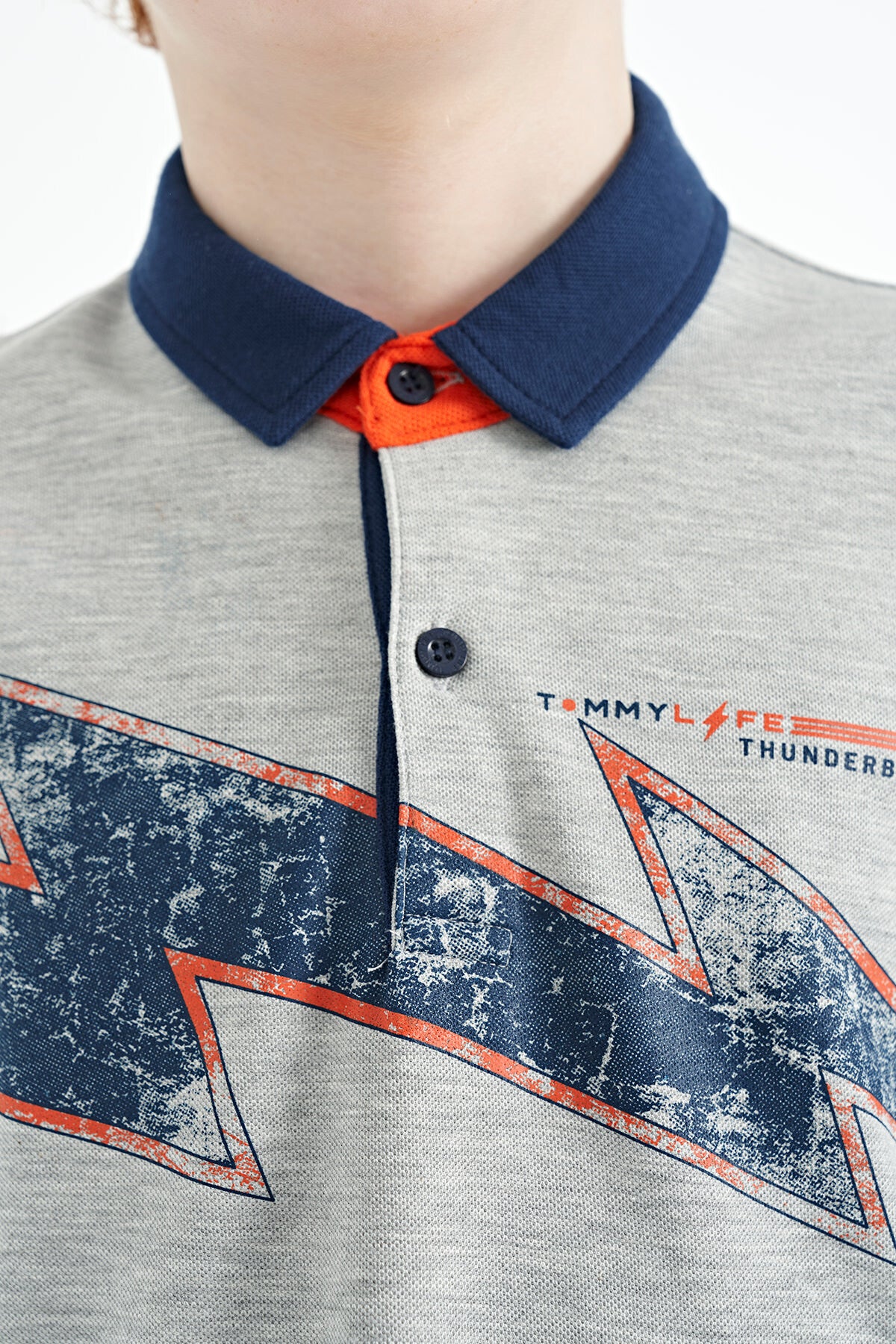 Grey Melange Print Detailed Standard Mold Polo Collar Boys T-Shirt - 11154