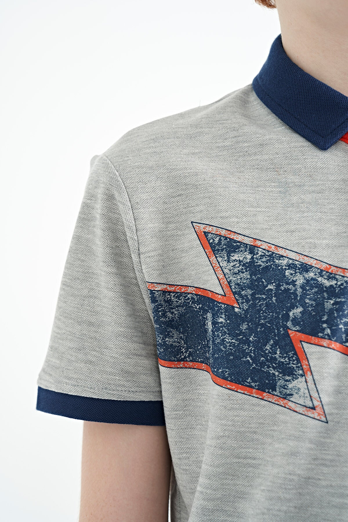 Grey Melange Print Detailed Standard Mold Polo Collar Boys T-Shirt - 11154