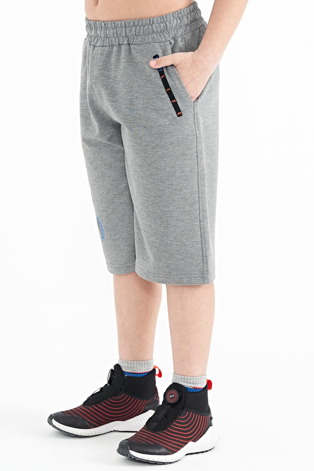 Grey Melange Printed Detailed Laced Standard Fit Boys Shorts - 11128