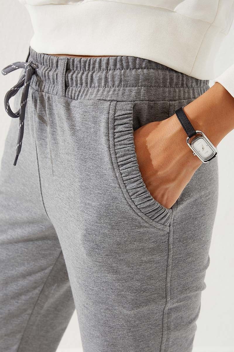 Grey Melange Drawstring Pocket Comfort Fit Elastic Cuff Women's Tracksuit Bottom - 94580