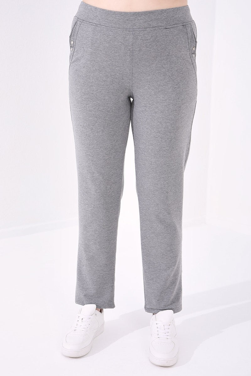 Gray Melange Classic Fit Comfortable Women's Plus Size Tracksuit Bottom - 94014