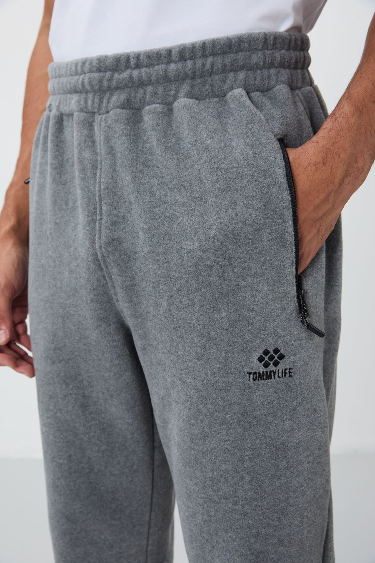 Grey Melange High Collar Basic Zippered Standard Fit Men's Polar Tracksuit Set - 85193