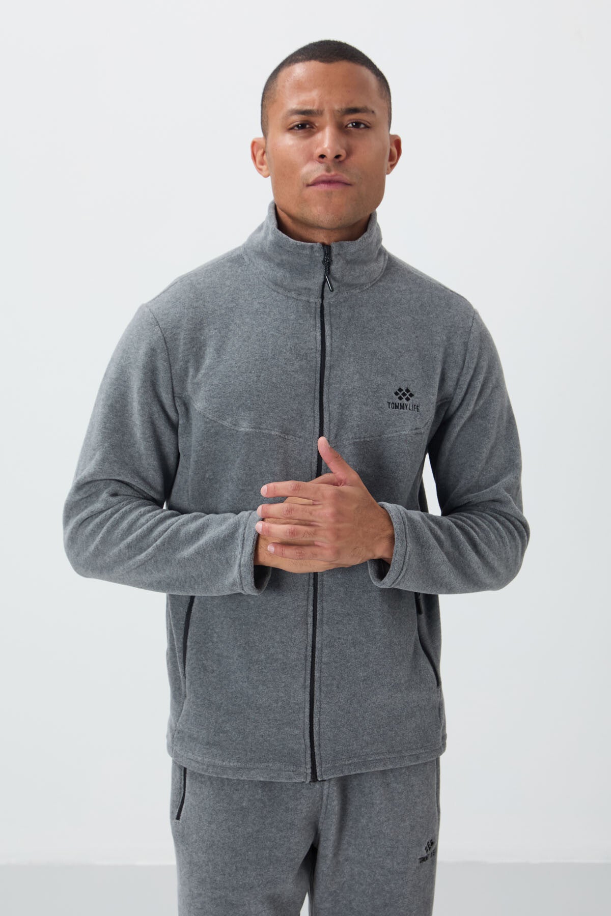 Grey Melange High Collar Basic Zippered Standard Fit Men's Polar Tracksuit Set - 85193
