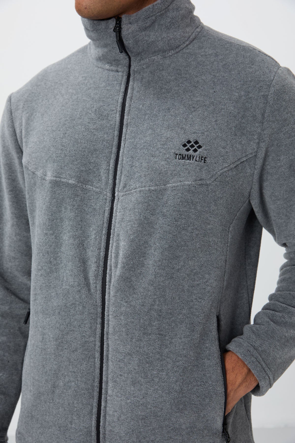 Grey Melange High Collar Basic Zippered Standard Fit Men's Polar Tracksuit Set - 85193