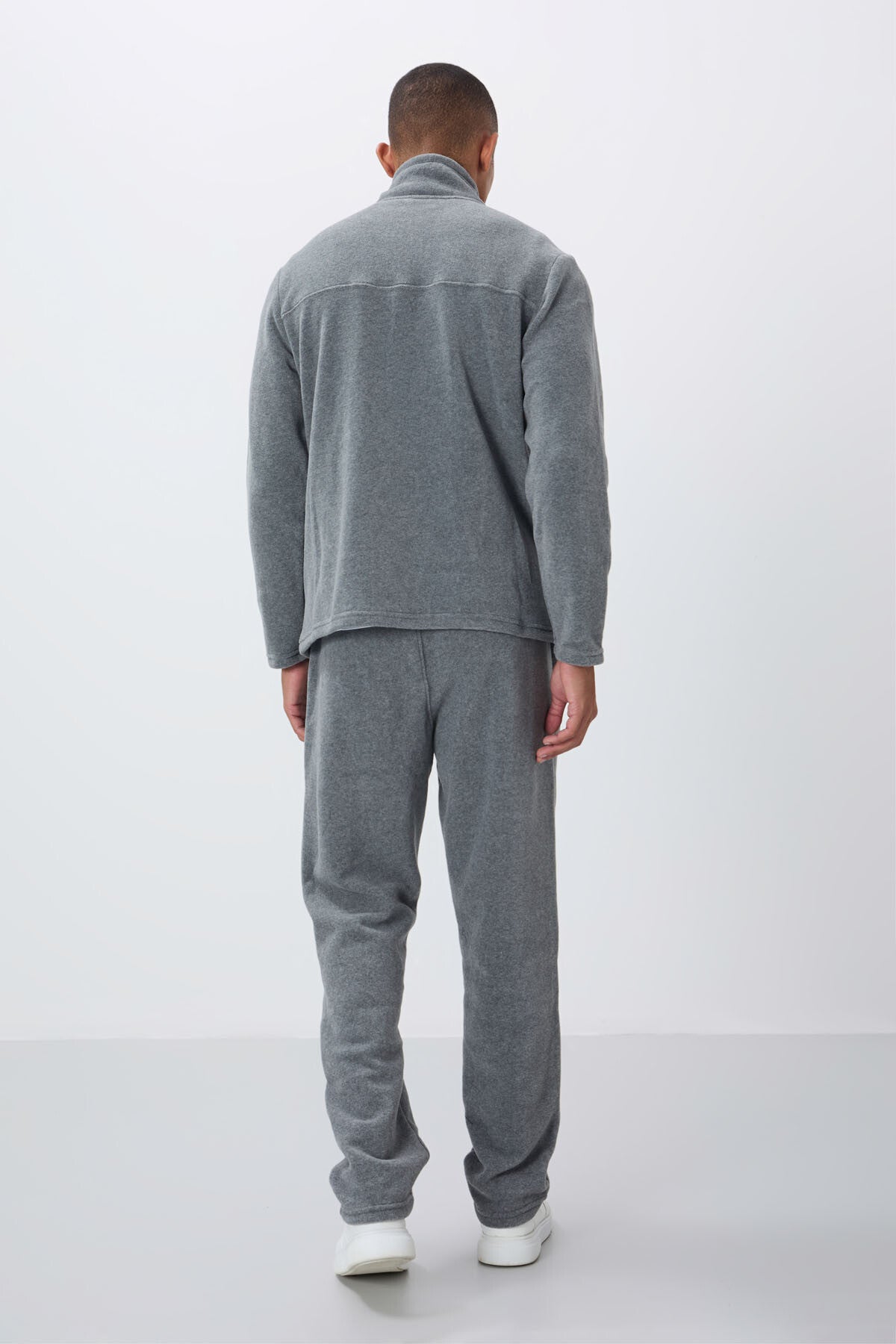 Grey Melange High Collar Basic Zippered Standard Fit Men's Polar Tracksuit Set - 85193
