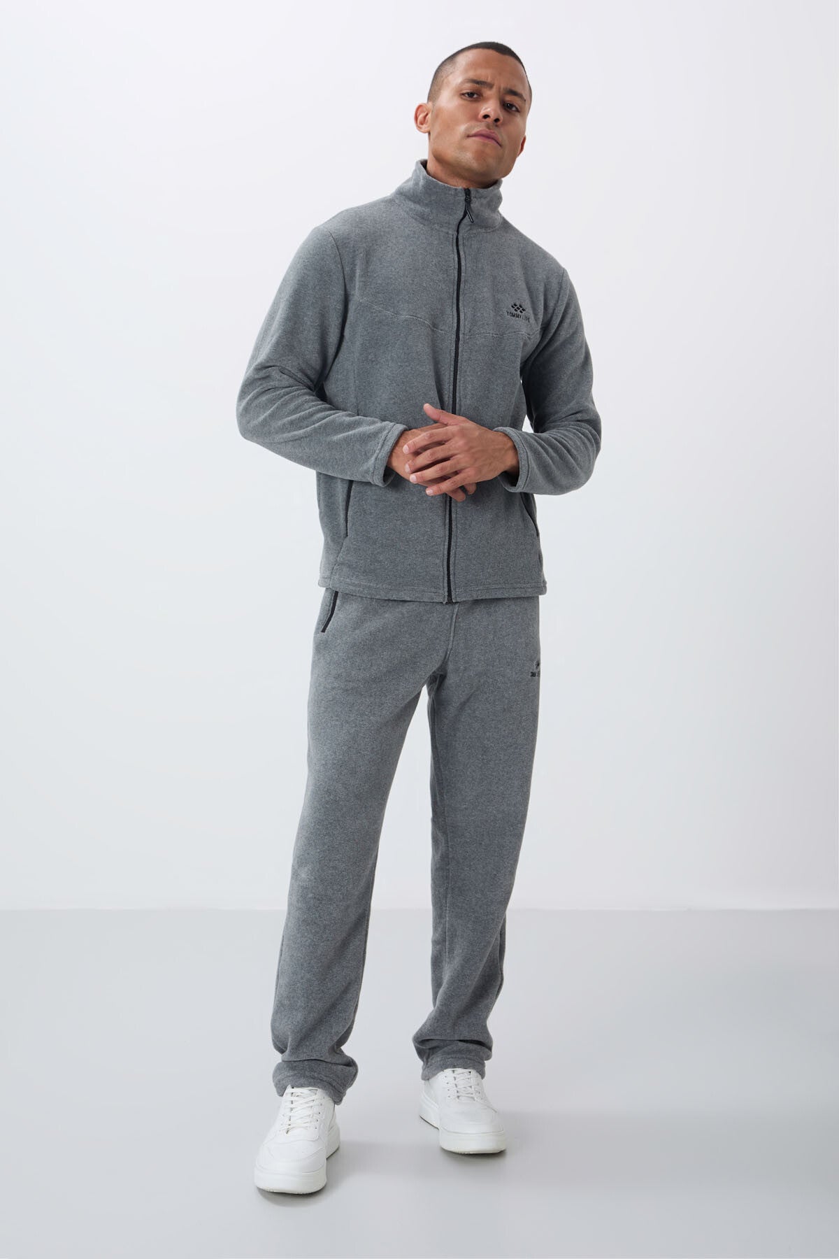Grey Melange High Collar Basic Zippered Standard Fit Men's Polar Tracksuit Set - 85193