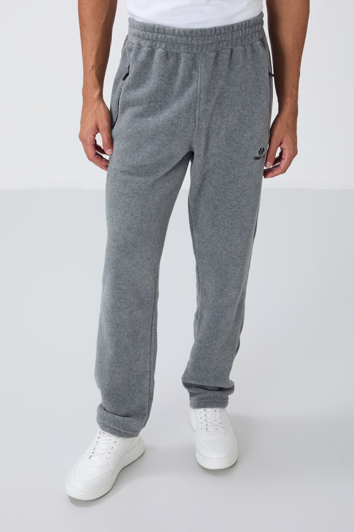 Grey Melange High Collar Basic Zippered Standard Fit Men's Polar Tracksuit Set - 85193