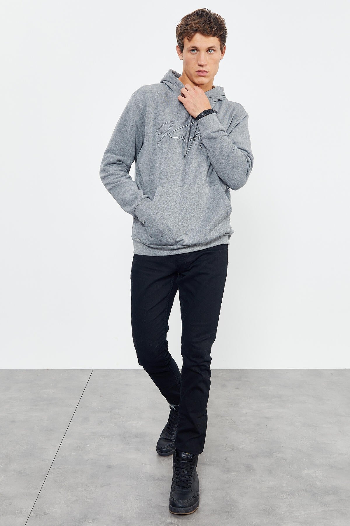 Gray Melange Embroidered Hooded Comfort Fit Men's Sweatshirt - 88007