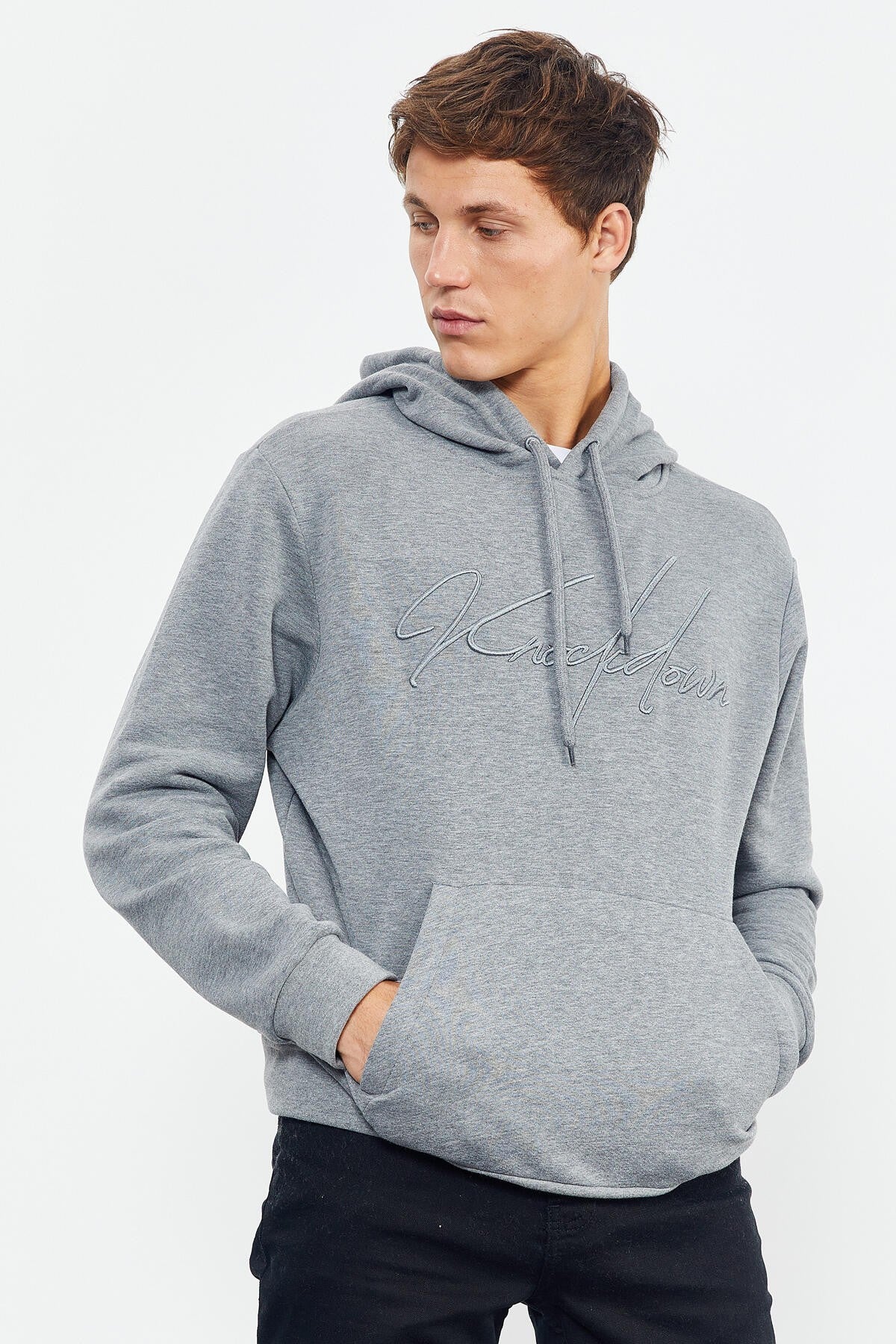 Gray Melange Embroidered Hooded Comfort Fit Men's Sweatshirt - 88007