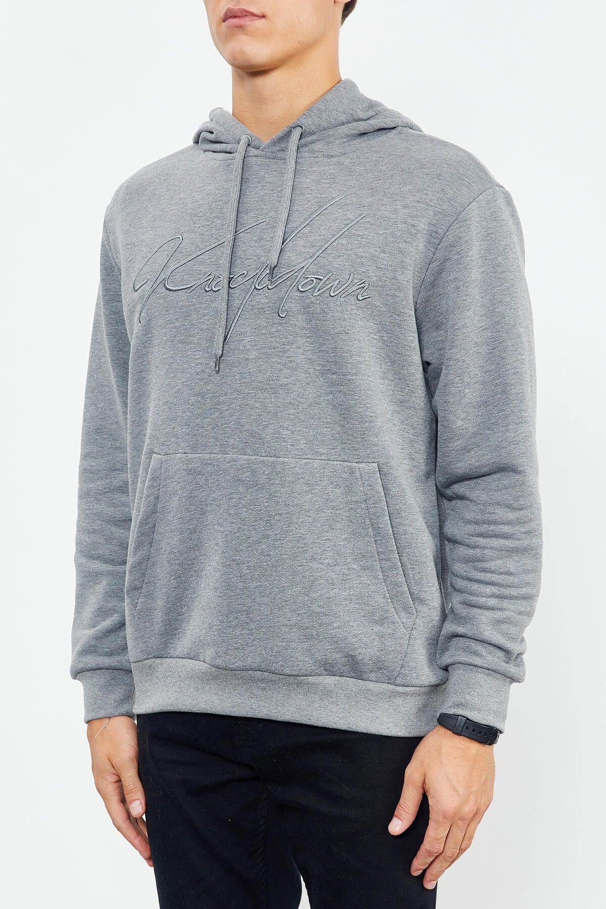 Gray Melange Embroidered Hooded Comfort Fit Men's Sweatshirt - 88007