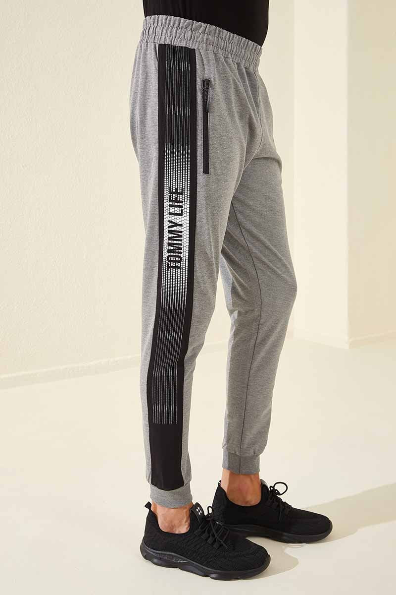 Grey Melange Zippered Printed Standard Fit Jogger Men's Tracksuit Bottom - 84657