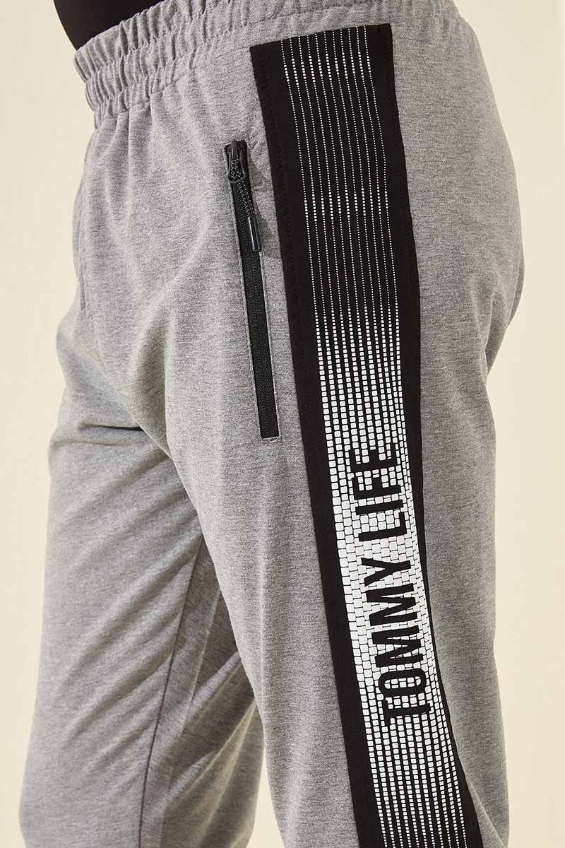 Grey Melange Zippered Printed Standard Fit Jogger Men's Tracksuit Bottom - 84657