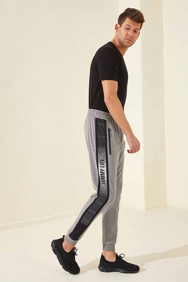 Grey Melange Zippered Printed Standard Fit Jogger Men's Tracksuit Bottom - 84657