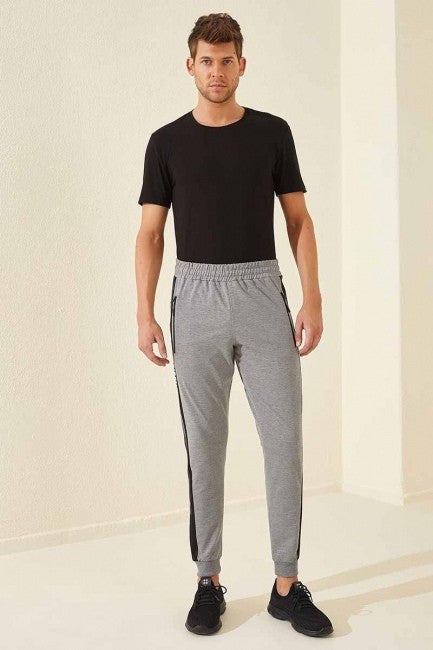 Grey Melange Zippered Printed Standard Fit Jogger Men's Tracksuit Bottom - 84657