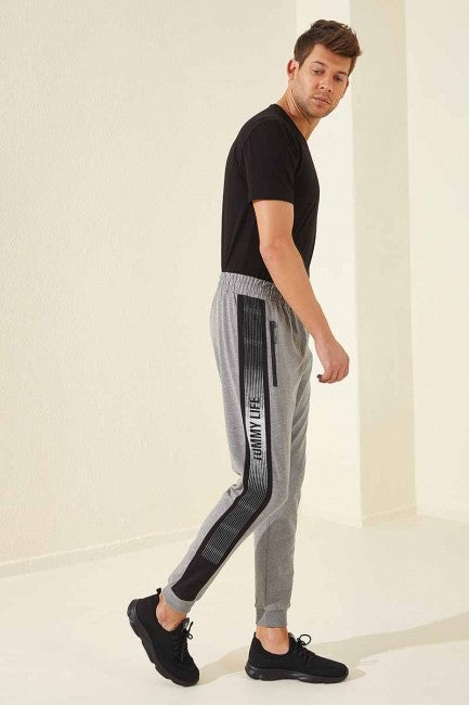 Grey Melange Zippered Printed Standard Fit Jogger Men's Tracksuit Bottom - 84657