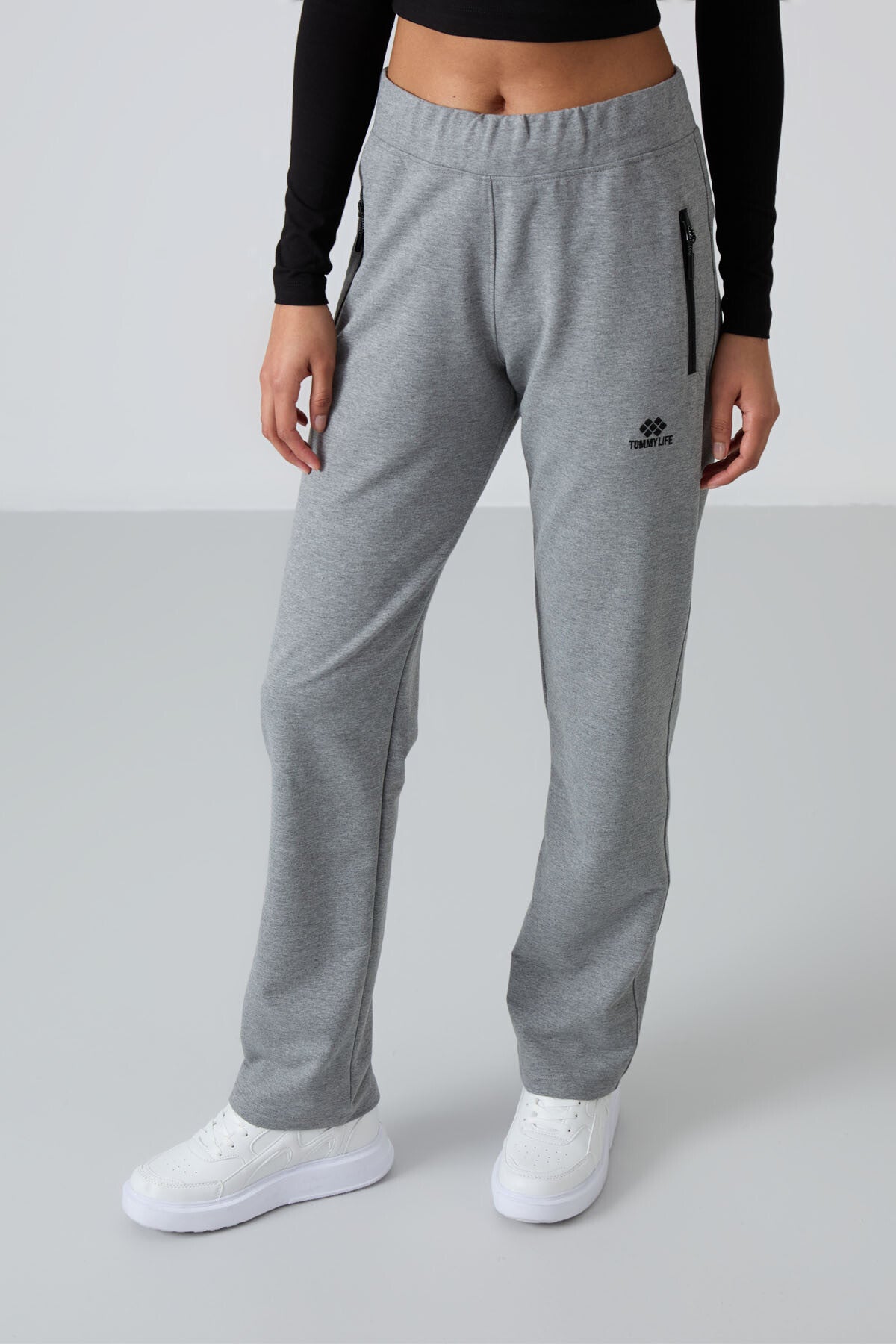Grey Melange Zippered Comfort Fit Classic Leg Women's Tracksuit Bottom - 94195
