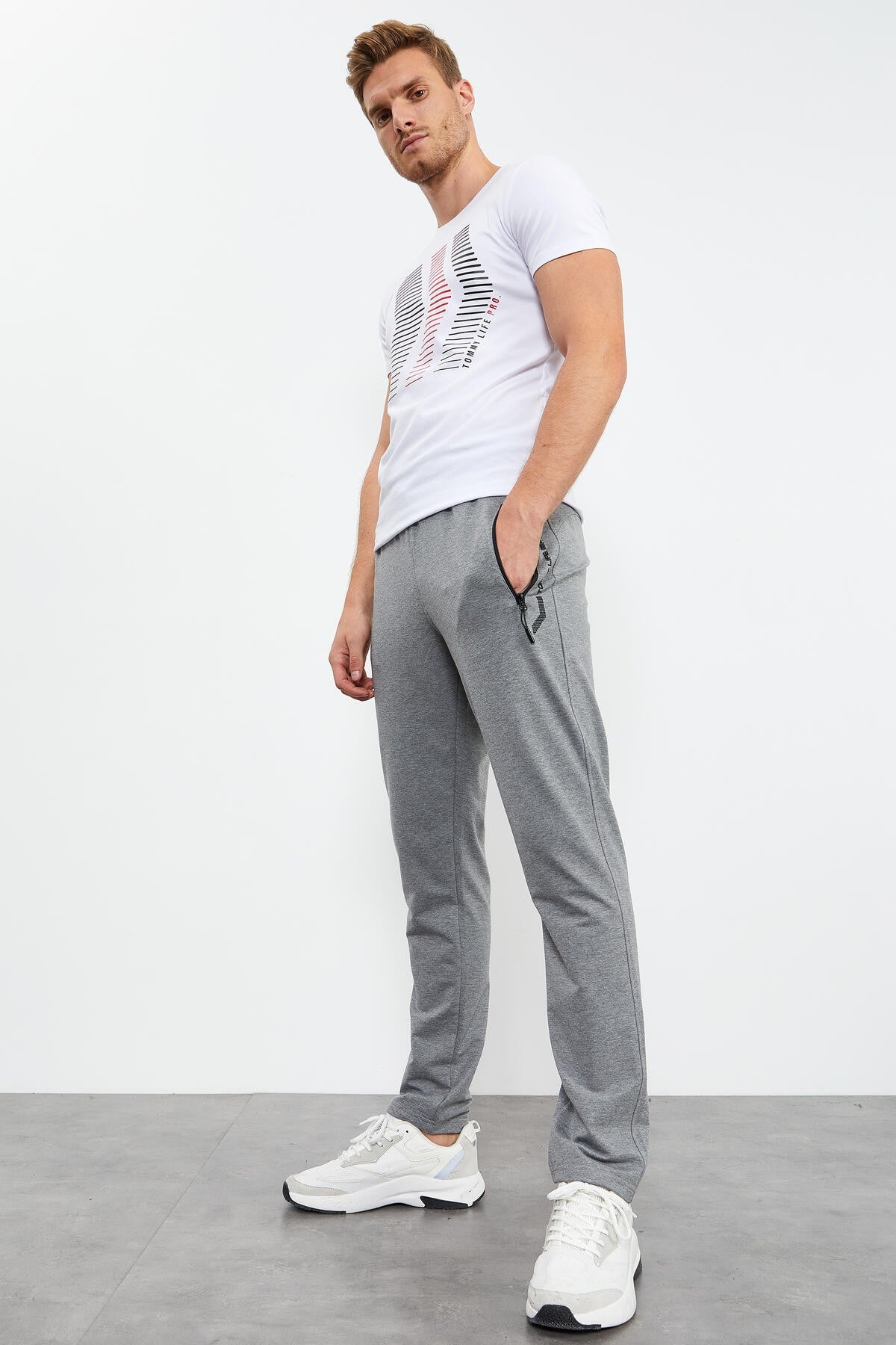 Grey Melange Zippered Detailed Standard Fit Classic Cuff Men's Tracksuit Bottom - 84744