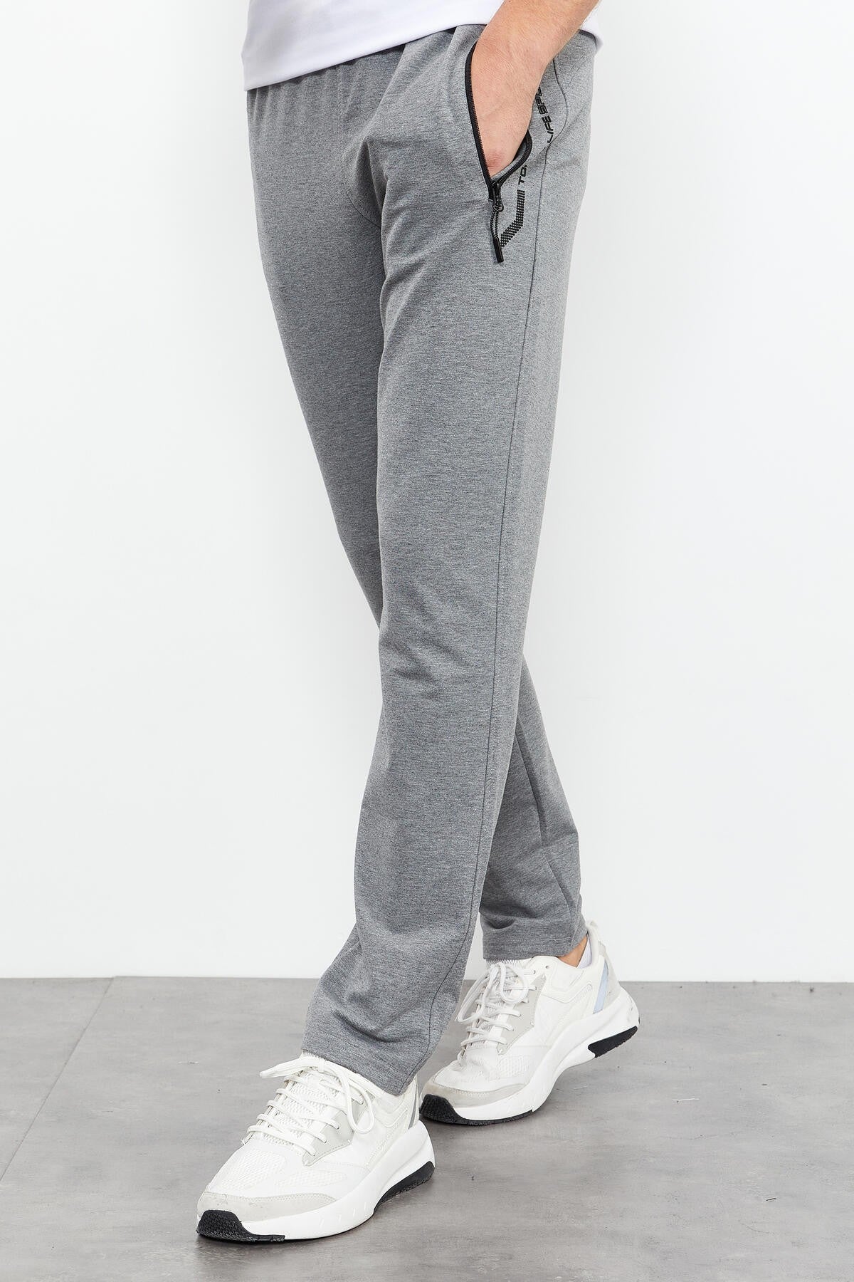 Grey Melange Zippered Detailed Standard Fit Classic Cuff Men's Tracksuit Bottom - 84744