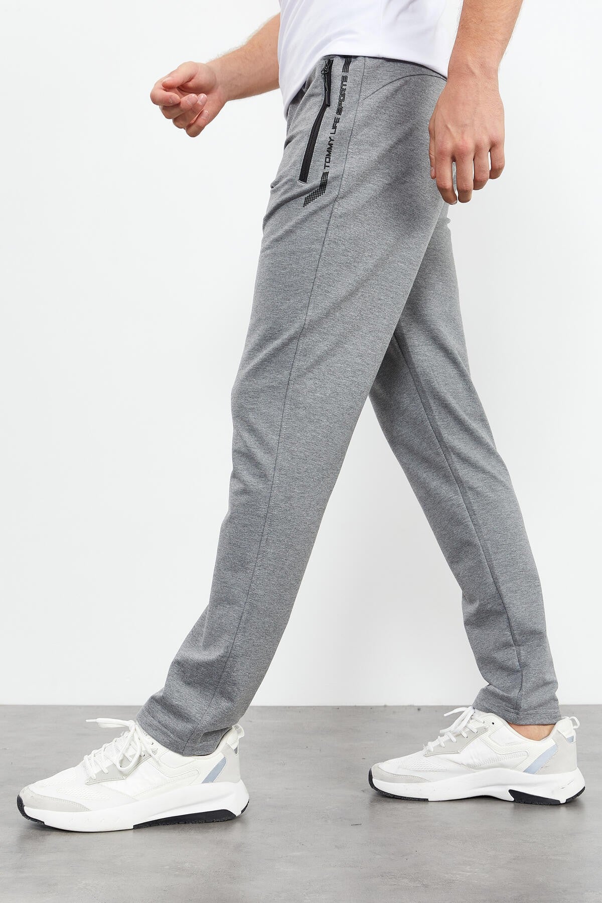 Grey Melange Zippered Detailed Standard Fit Classic Cuff Men's Tracksuit Bottom - 84744