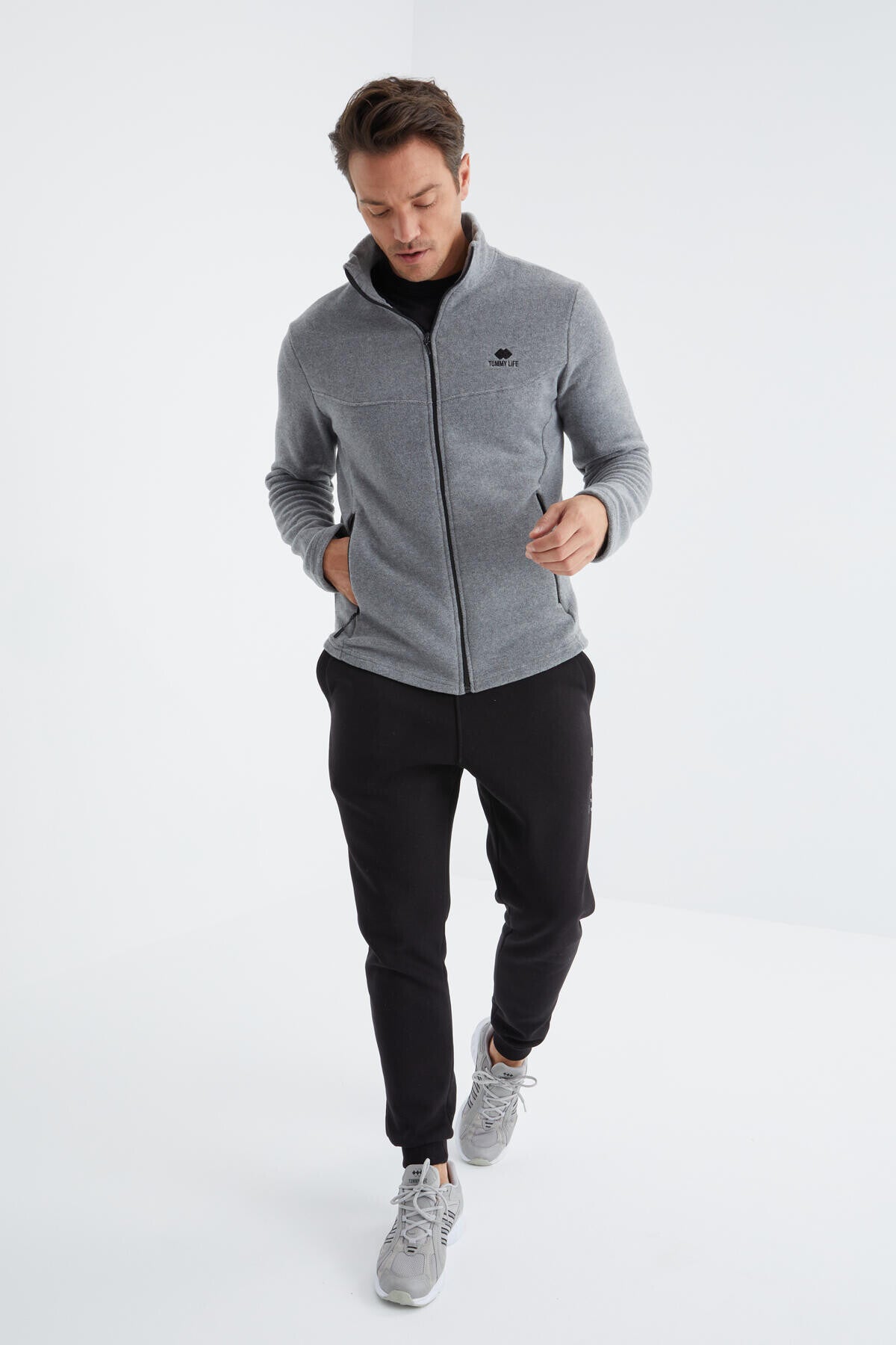 Grey Melange Zippered High Collar Standard Fit Men's Fleece Sweatshirt - 88134