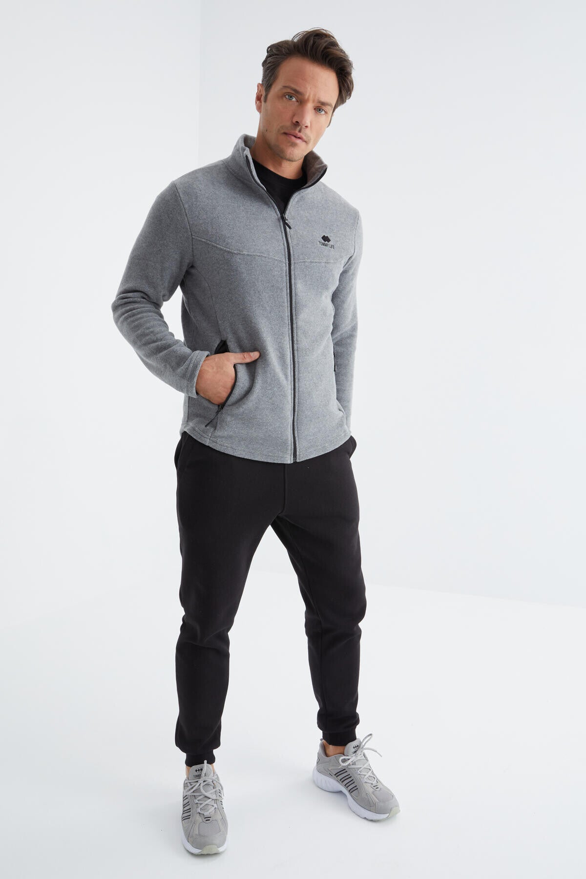 Grey Melange Zippered High Collar Standard Fit Men's Fleece Sweatshirt - 88134