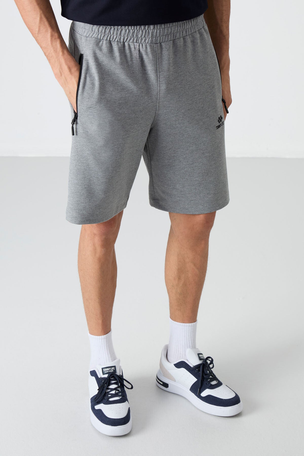 Grey Melange Hidden Zipper Back Pocket Laced Standard Fit Men's Shorts - 81136