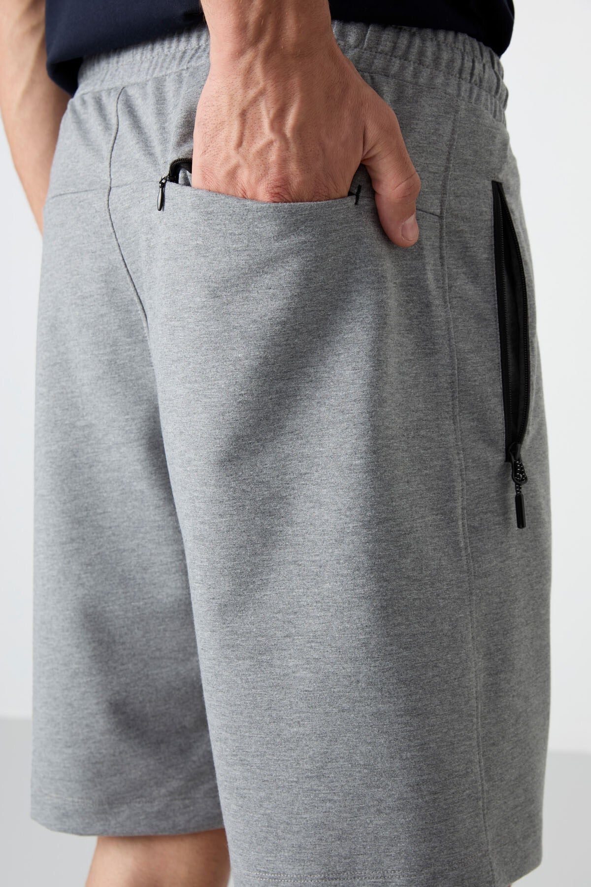 Grey Melange Hidden Zipper Back Pocket Laced Standard Fit Men's Shorts - 81136