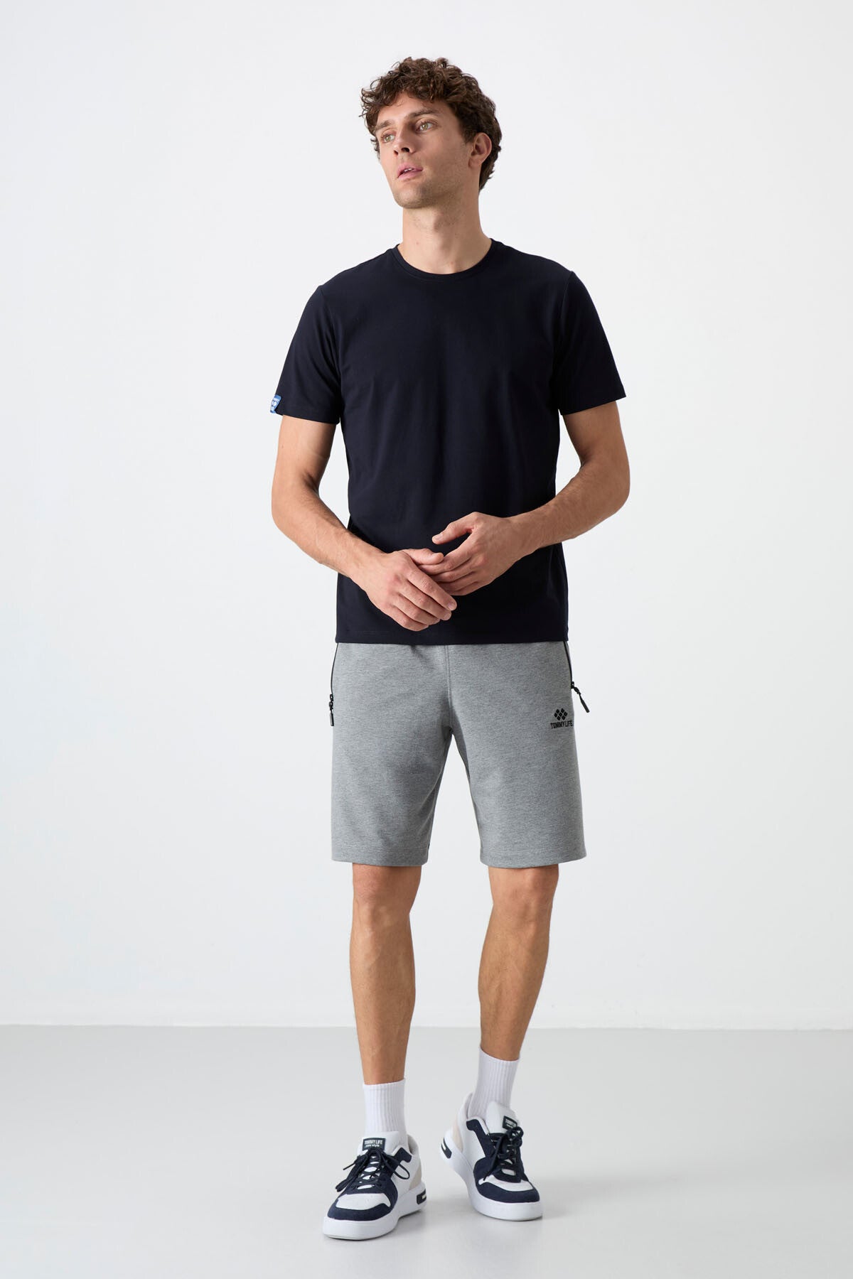 Grey Melange Hidden Zipper Back Pocket Laced Standard Fit Men's Shorts - 81136