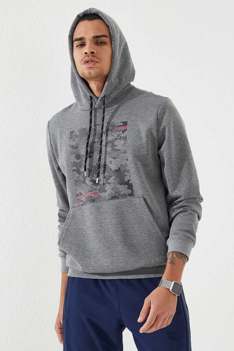 Grey Melange Camouflage Print Standard Fit Men's Hooded Sweatshirt - 87884