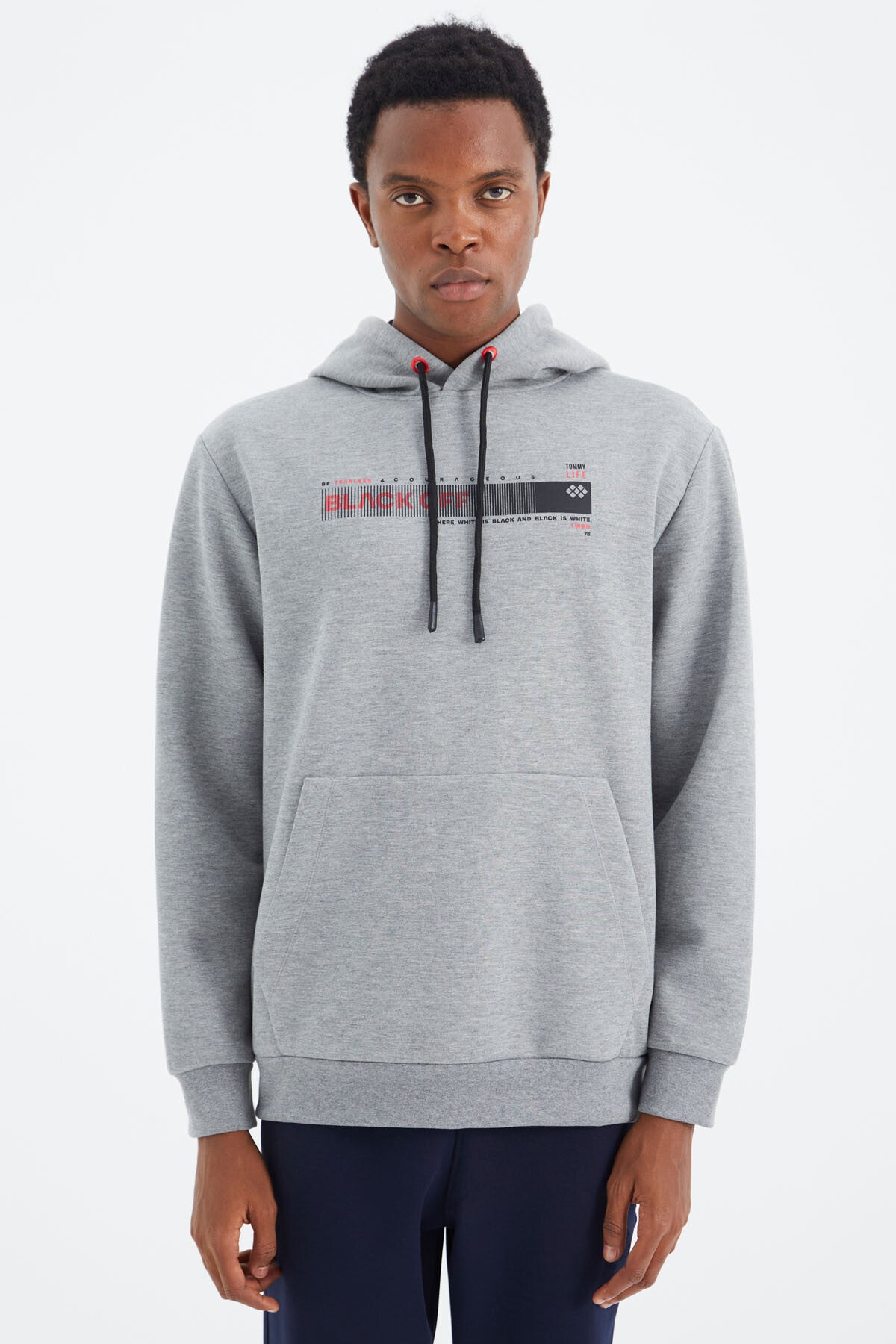 Grey Melange Hooded Laced Print Detailed Relax Fit Men's Sweatshirt - 88287