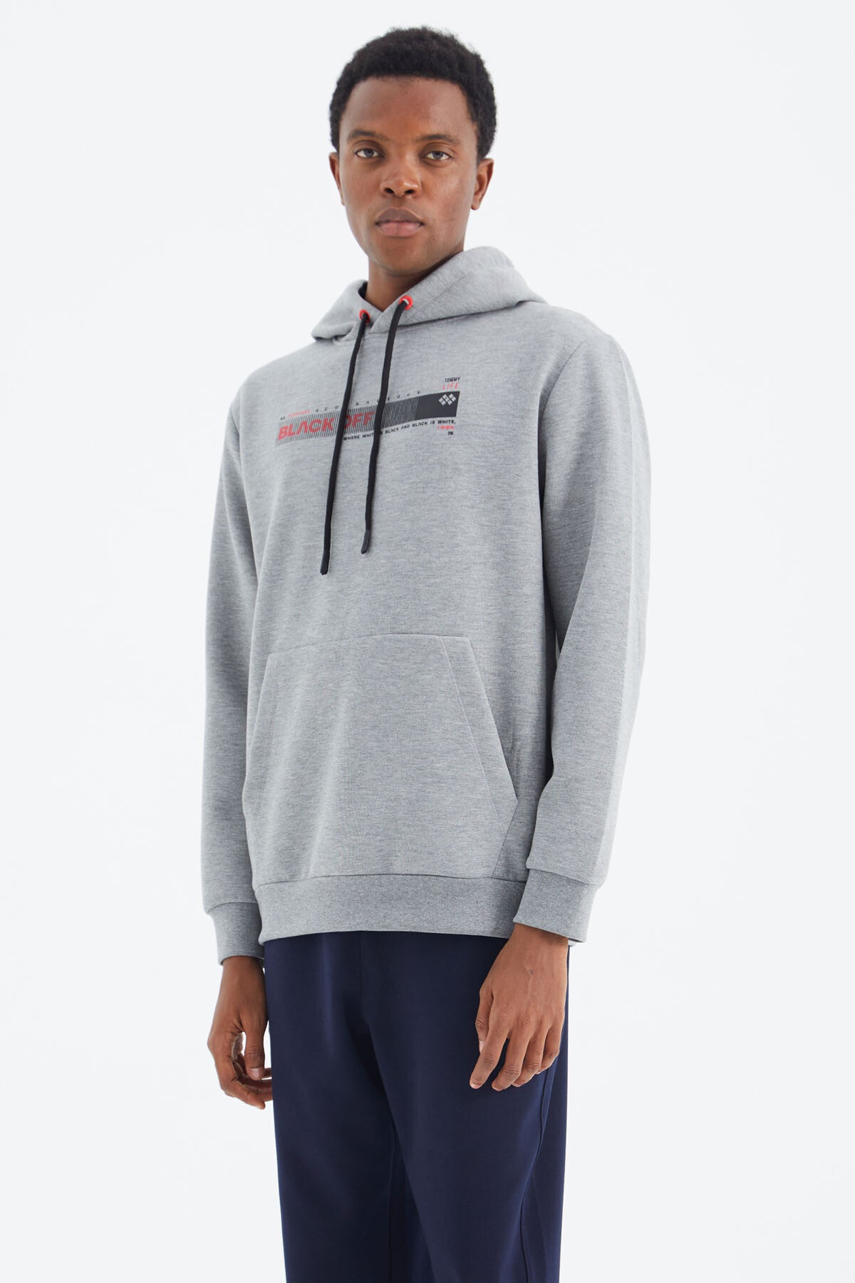 Grey Melange Hooded Laced Print Detailed Relax Fit Men's Sweatshirt - 88287