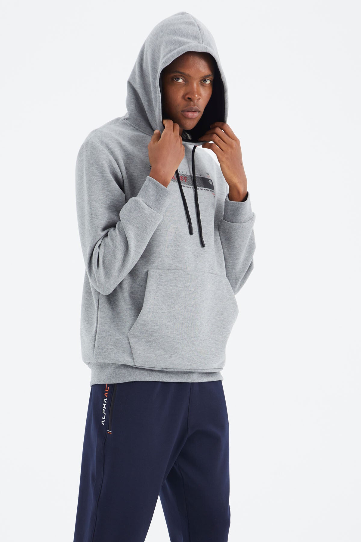 Grey Melange Hooded Laced Print Detailed Relax Fit Men's Sweatshirt - 88287