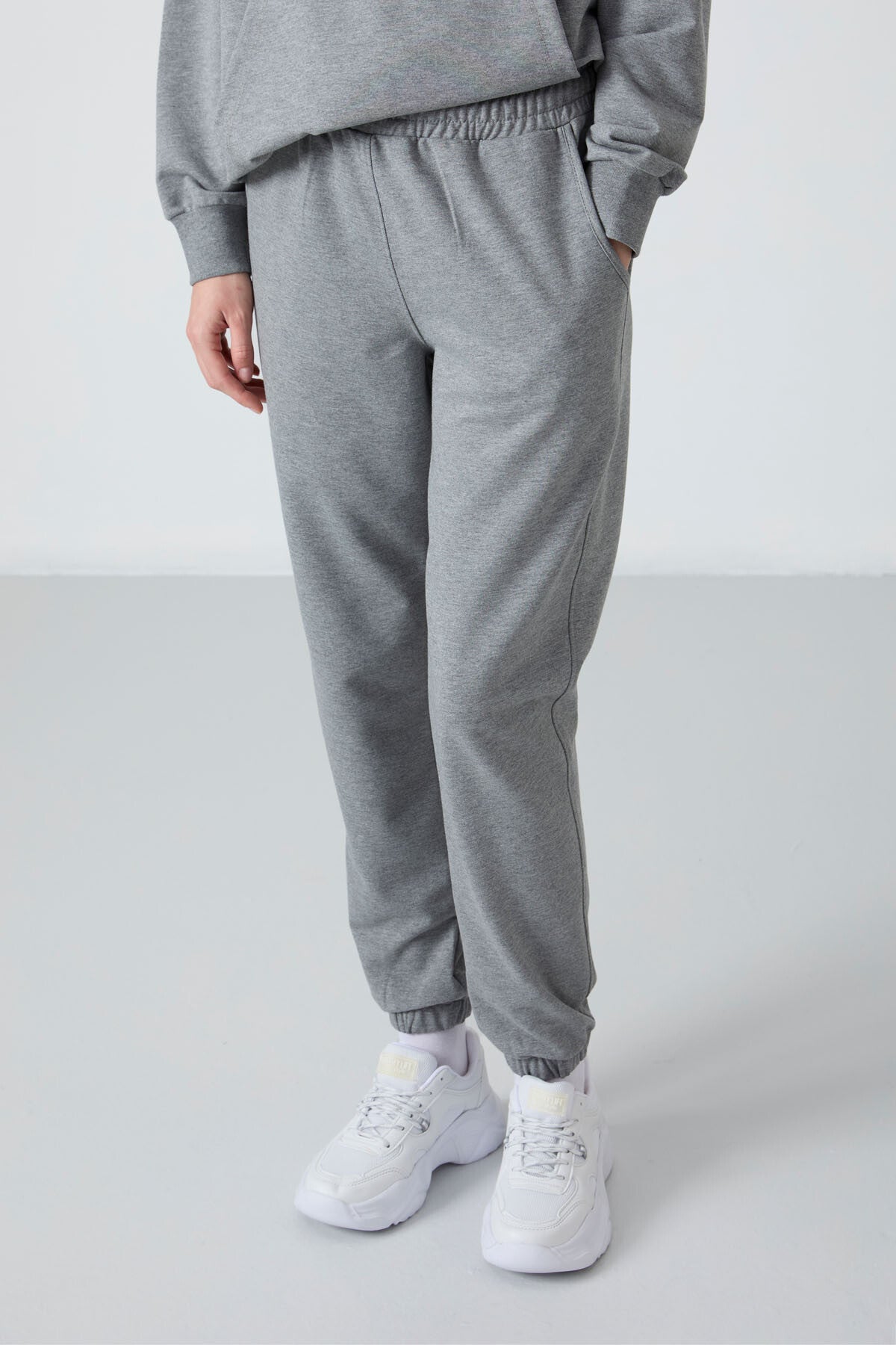 Grey Melange Hooded Kangaroo Pocket Oversize Elastic Cuff Women's Tracksuit Set - 95288